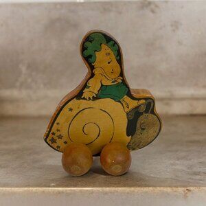Vintage Wooden Push Toy Humorous Snail Design With Character Rider 1975